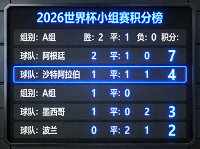 2026年世界杯小组赛积分榜电子显示屏图片