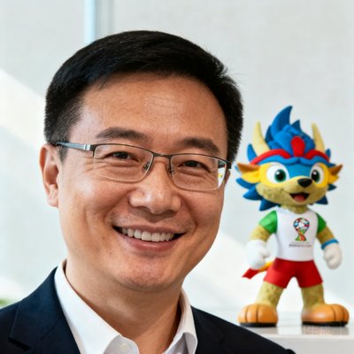 创始人李峰，戴眼镜，微笑，身后是世界杯吉祥物