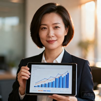 首席数据官王蕊，干练短发，手持平板展示数据图表